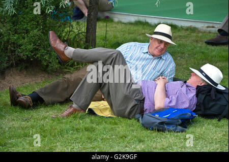 Entspannen Sie sich auf dem Rasen an Hay Festival 2016 zwei Männer Stockfoto
