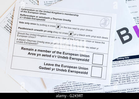 EU-Referendum Briefwahl oder Stimmzettel zu entscheiden, ob das Vereinigte Königreich bleiben die Europäische Union verlassen sollte Stockfoto