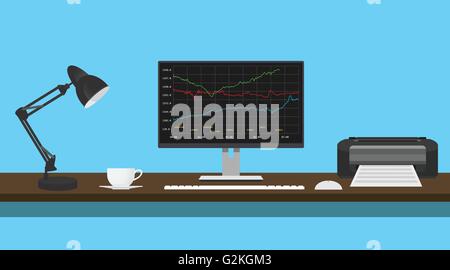 Investmentfonds-Daten-Diagramm in Monitor Schreibtisch mit Lampe Drucker Stock Vektor