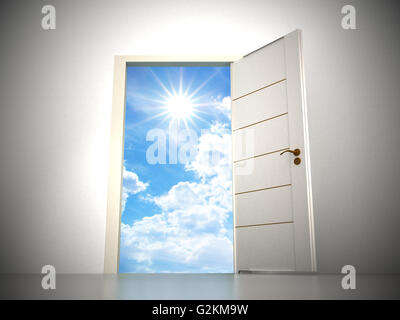 Türöffnung nach Blau Himmel Hintergrund. 3D Illustration. Stockfoto