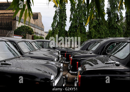 Indien Kolkata Kalkutta, HM Hind Motoren Autofabrik, die Botschafter entsteht hier noch nach Lizenz von Morris Oxford, schwarz lackierten Neuwagen für die Regierung und die Armee / INDIEN Kolkata Kalkutta, Fabrik HM Hind Motoren, zugespitzt von Botschafter, der HM Botschafter Laeuft Heute Noch Neu Nach Vorlage des Oxford Morris Bei HM Hindustan Motoren Vom Band Stockfoto