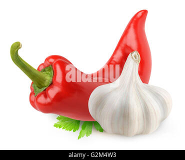 Isolierte Gewürze. Paprika und Knoblauch isoliert auf weißem Hintergrund mit Beschneidungspfad Stockfoto