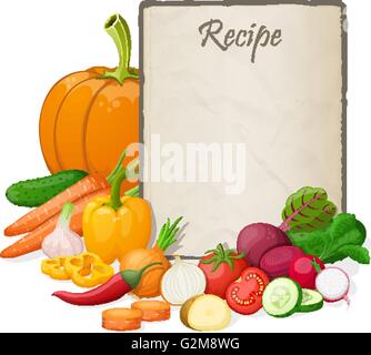 Rezept-Karte. Küche-Hinweis-leere Vorlage-Vektor-Illustration. Notizblock auf Tisch mit und Gemüse kochen Stock Vektor