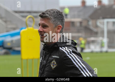 Belfast, 26. Mai 2016. Nordirland V Weißrussland (Trainingseinheit). Nordirland Trainer Stephen Robinson auf der Tagung in das nationale Fußballstadion im Windsor Park, Belfast. Stockfoto