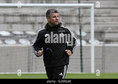 Belfast, 26. Mai 2016. Nordirland V Weißrussland (Trainingseinheit). Nordirland Trainer Stephen Robinson auf der Tagung in das nationale Fußballstadion im Windsor Park, Belfast. Stockfoto