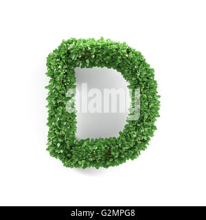 Grünes Blatt D Ökologie Buchstaben Alphabet Schrift auf weißem Hintergrund isoliert. 3D-Rendering Stockfoto