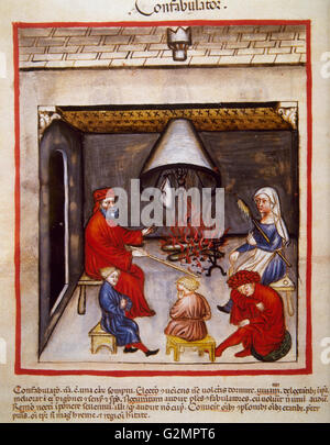 Tacuinum Sanitatis. 14. Jahrhundert. Mittelalterliche Handbuch der Gesundheit. Gesprächspartner. Folio 100v.