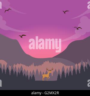 Natur-Szene Reh auf Sonnenuntergang Sonnenaufgang im Wald majestätischen Himmel Stock Vektor