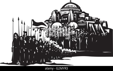 Holzschnitt Stil expressionistische Bild einer Armee der Kreuzfahrer vor Byzanz Stock Vektor