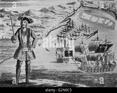 Bartholomew Roberts mit seinem Schiff gefangen und Handelsschiffe im Hintergrund. Ein Kupferstich aus der Geschichte der Pyrates von Captain Charles Johnson C. 1724. Bartholomew Roberts (17. Mai 1682 - vom 10. Februar 1722), geboren John Roberts, war ein Waliser Piraten, Schiffe aus Nord- und Westafrika zwischen 1719 und 1722 durchsucht Stockfoto