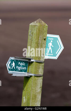 Zwei unterschiedliche Wegemarkierungen Angabe öffentlichen Fußweg Weg Zeichen über Ackerland in Burscough, Lancashire, UK Stockfoto