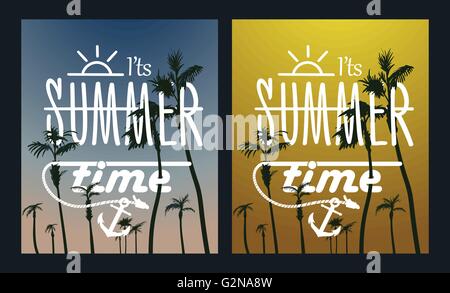 Paradise Island-Palm Tree Sonnenuntergang. Sommer-Poster set Stock Vektor