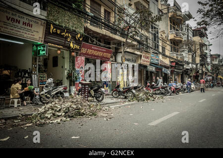 Eine typische Straße in Hanoi, gesäumt von Mopeds, Vietnam Stockfoto