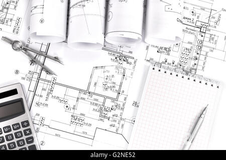Rollen von Architektur-Entwürfe und Pläne Stockfoto