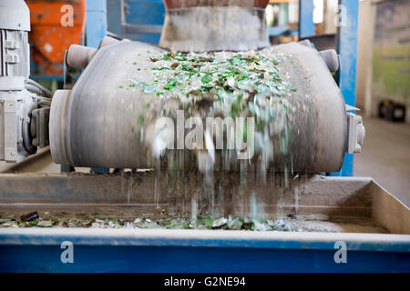 Glaspartikel für das recycling in einer Maschine in einer recycling-Anlage. Verschiedene Glas Flasche Verpackungsabfälle. Glas Abfall manageme Stockfoto