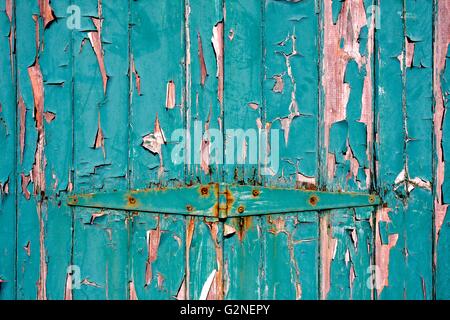 Verwitterte grüne Tür, Grunge, abblätternde Farbe Hintergrund Stockfoto