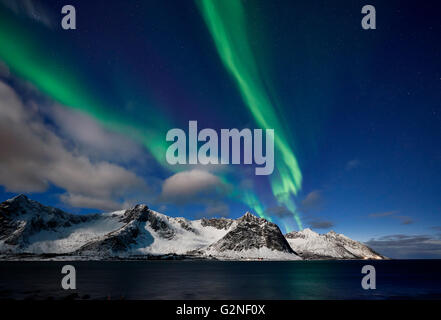 Aurora Borealis oder das Nordlicht über verschneite Winterlandschaft im Fjord von Ersfjorden, Senja, Troms, Norwegen, Europa Stockfoto