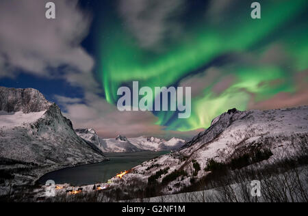 Aurora Borealis oder das Nordlicht über verschneite Winterlandschaft im Fjord von Mefjorden, Senja, Troms, Norwegen, Europa Stockfoto