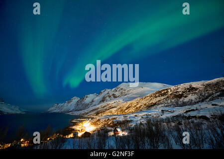 Aurora Borealis oder das Nordlicht über verschneite Winterlandschaft im Fjord Ersfjordbotn, Tromsö, Troms, Norwegen, Europa Stockfoto