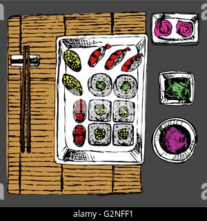 Sushi-Rollen flach Essen und japanische Meeresfrüchte Sushi-Rollen. Sushi-Rollen traditionelle Algen frische Rohkost. Asia-Cuisine-Restaurant sehr lecker. Sushi roll mit Lachs, geräucherter Aal, selektive Essen Vektor. Stock Vektor