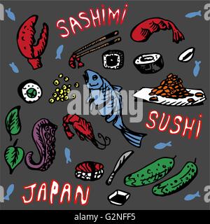 Sushi-Rollen flach Essen und japanische Meeresfrüchte Sushi-Rollen. Sushi-Rollen traditionelle Algen frische Rohkost. Asia-Cuisine-Restaurant sehr lecker. Sushi roll mit Lachs, geräucherter Aal, selektive Essen Vektor. Stock Vektor