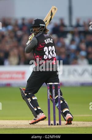 Chris Gayle während der natwest t20 blast Match zwischen Sussex Haie und Somerset an der 1. zentralen county Boden in Hove gesehen. am 1. Juni 2016. james Boardman/Tele Bilder +44 7967 642437 Stockfoto