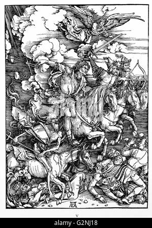 Martin Luther: Vorwort zu der Offenbarung des Johannes (1522): Vorrede zur Offenbarung Johannes (1522). Apokalypse in Zahlen; Holzschnitt von Albrecht Dürer; die Offenbarung des Johannes: 4. Die vier Reiter der Apokalypse. Stockfoto