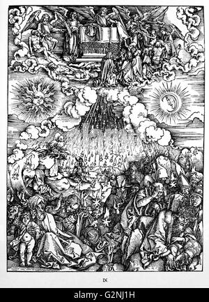 Martin Luther: Vorwort zu der Offenbarung des Johannes (1522): Vorrede zur Offenbarung Johannes (1522). Apokalypse in Zahlen; Holzschnitt von Albrecht Dürer; die Eröffnung der Fünften und Sechsten Dichtungen Stockfoto