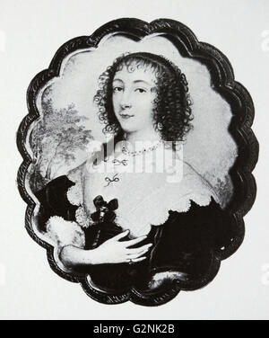 Königin Henrietta Maria von Frankreich (1609-1669). Henrietta war die jüngste Tochter von König Heinrich IV. von Frankreich und Marie de Medici. Die Ehe mit Charles, Prinz von Wales, benötigten einen speziellen Dispens von der Papst, weil es das erste Mal war, dass eine katholische Prinzessin eine protestantische Prinzen geheiratet hatte. Es war eine Bewegung hin zu einer Allianz zwischen Frankreich und England gegen Spanien. Von John Hoskins der Ältere (1590-1665) englische Miniaturmaler. Stockfoto