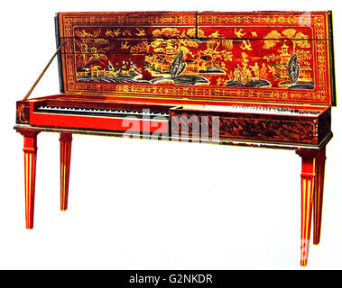 Clavichord. Auch "Claricorde', die chinesische Dekoration auf dieses Instrument sei stark 'in Mode' im frühen 18. Jahrhundert. Es ist die früheste Tastatur Saiteninstrument und wurde aus dem Monochord entwickelt. Stockfoto