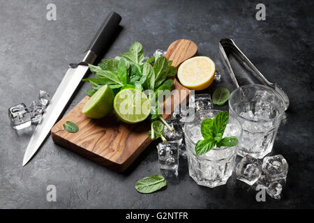 Mojito cocktail machen. Minze, Limetten, Eis-Zutaten und bar-Utensilien Stockfoto