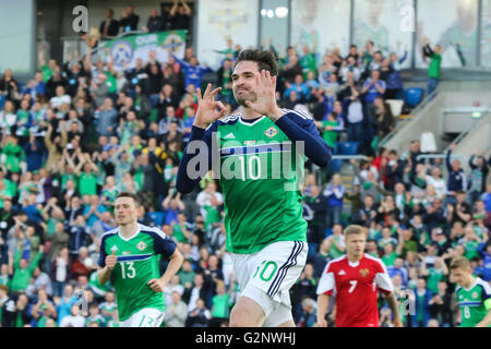 Belfast 27. Mai 2016. Kyle Lafferty (10) feiert sein Tor für Nordirland gegen Weißrussland. Stockfoto