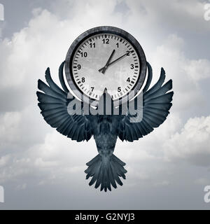 Die Zeit vergeht Konzept wie ein Vogel mit offenen Flügeln eine Uhr als Metapher für das Management der Frist zu erheben oder Termine mit 3D Abbildung Elemente verwalten. Stockfoto