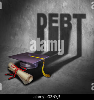 College Schulden und Student Finanzkonzept als Abschluss Doktorhut und Diplom mit einem Schlagschatten als Symbol für die Rückzahlung der Studiengebühren-Darlehen oder Kredite und Bildung Finanzierungen mit 3D Abbildung Elemente. Stockfoto