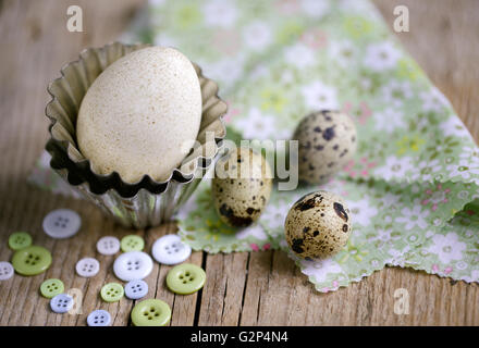 Verschiedenen Eiern von Wachtel und Ente auf Tisch mit Tasten und kleine metallische Form Backen Stockfoto