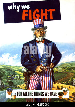 Nach dem zweiten Weltkrieg Plakat Malerei zeigt Uncle Sam, unterstützt von Männern aller Zweige des US-Militärs, bereit, um den American Way of Life zu verteidigen. Stanley Dersh, Künstler. Stockfoto