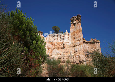 Les Orgues: Sandstein Säulen durch Wasser und Wind erodiert, Ille sur Tet, Pyrénées-orientales, Royal, Frankreich Stockfoto