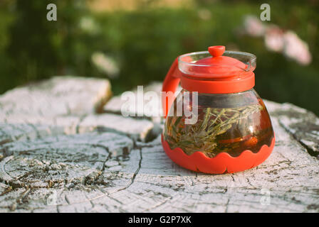 Teekanne Früchtetee mit Kräutern und Beeren auf den weißen Baumstumpf Stockfoto
