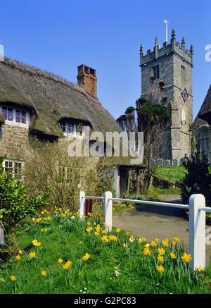 Strohgedeckten Hütten und Kirche bei Godshill. Isle Of Wight. VEREINIGTES KÖNIGREICH. Stockfoto