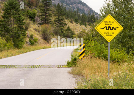 Zweisprachige Klapperschlange Warnschild in Englisch und Nsyilxcen, die Muttersprache der Okanagan Menschen in BC, Kanada Stockfoto