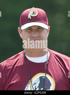 Ashburn, Virginia, USA. 1. Juni 2016. Washington Redskins Cheftrainer Jay Gruden schaut zu, wie sein Team in einer organisierten Team-Aktivität (OTA) im Park der Redskins in Ashburn, Virginia am Mittwoch, den 1. Juni 2016.Credit nimmt: Ron Sachs/CNP © Ron Sachs/CNP/ZUMA Draht/Alamy Live News Stockfoto