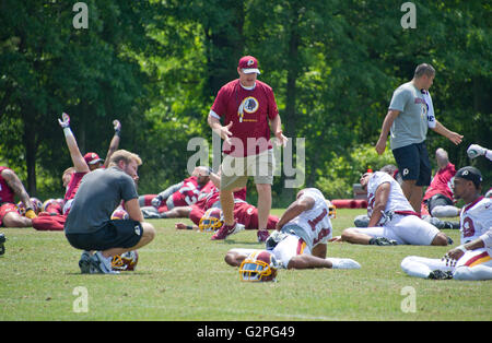 Washington Redskins Cheftrainer Jay Gruden schaut zu, wie sein Team beteiligt sich an einer organisierten Team-Aktivität (OTA) im Park der Redskins in Ashburn, Virginia auf Mittwoch, 1. Juni 2016. Bildnachweis: Ron Sachs/CNP Stockfoto