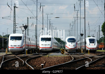 Berlin, Deutschland. 2. Juni 2016. Vier Generationen der Hochgeschwindigkeitszug ICE stehen auf Eisenbahnen während der Feierlichkeiten zum 25. Jubiläum von dem ersten planmäßigen Abflug eine ICE-Hochgeschwindigkeits-Zug-Service in Berlin, Deutschland, 2. Juni 2016. Foto: Paul Zinken/Dpa/Alamy Live News Stockfoto