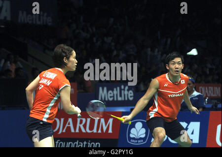 Jakarta, Indonesien am 2. Juni 2016. Xu Chen/Ma Jin China gewinnen 21-13 und 21-12. 2. Juni 2016. Keigo Sonoda & Naoko Fukuman (JPN) Badminton: Keigo Sonoda/Naoko Fukuman Japans trifft eine Rückkehr gegen Xu Chen/Ma Jin China im gemischten Doppel in die Indonesia Open 2016 in Jakarta, Indonesien auf 2. Juni 2016. Xu Chen/Ma Jin China gewinnen 21-13 und 21-12. © P Hardi Subiantoro/Sijori Bilder/AFLO/Alamy Live News Stockfoto