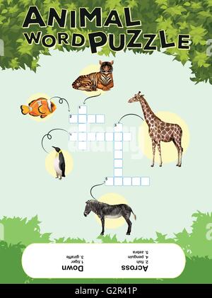 Spiel-Vorlage für tierische Wort-Puzzle mit Schlüssel Abbildung Stock Vektor