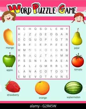 Spiel-Vorlage für Wort-Puzzle mit Früchte illustration Stock Vektor