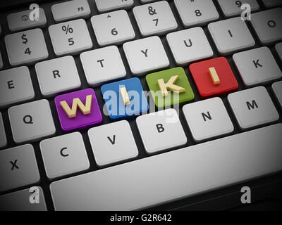 WIKI-Text auf Tasten der Tastatur. 3D Illustration. Stockfoto