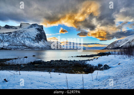 Winterlandschaft von Bergsfjorden, Senja, Skaland, Troms, Norwegen, Europa Stockfoto