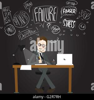 Business Man Stress Wut verwechseln unglücklich, dass Stress erschöpft spät in die Nacht arbeiten Stock Vektor