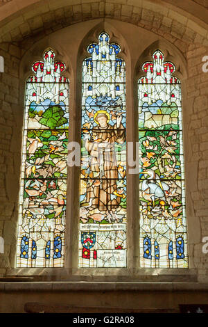 Glasmalerei-Fenster gewidmet St. Francis in Heiliges Marys Kirche, Selborne, Hampshire, Großbritannien Stockfoto